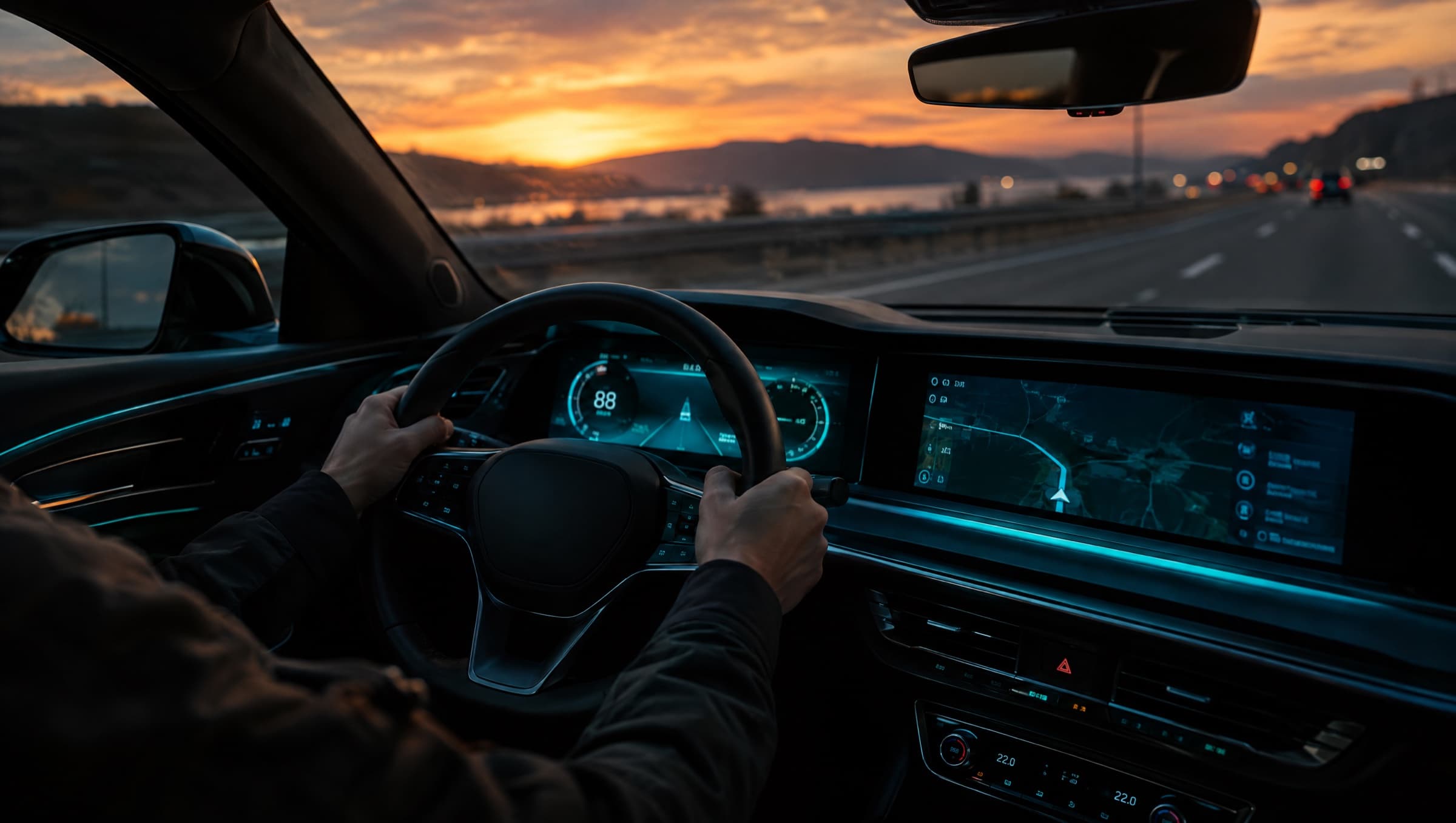 Handen aan het stuur van een bedrijfsauto op de snelweg