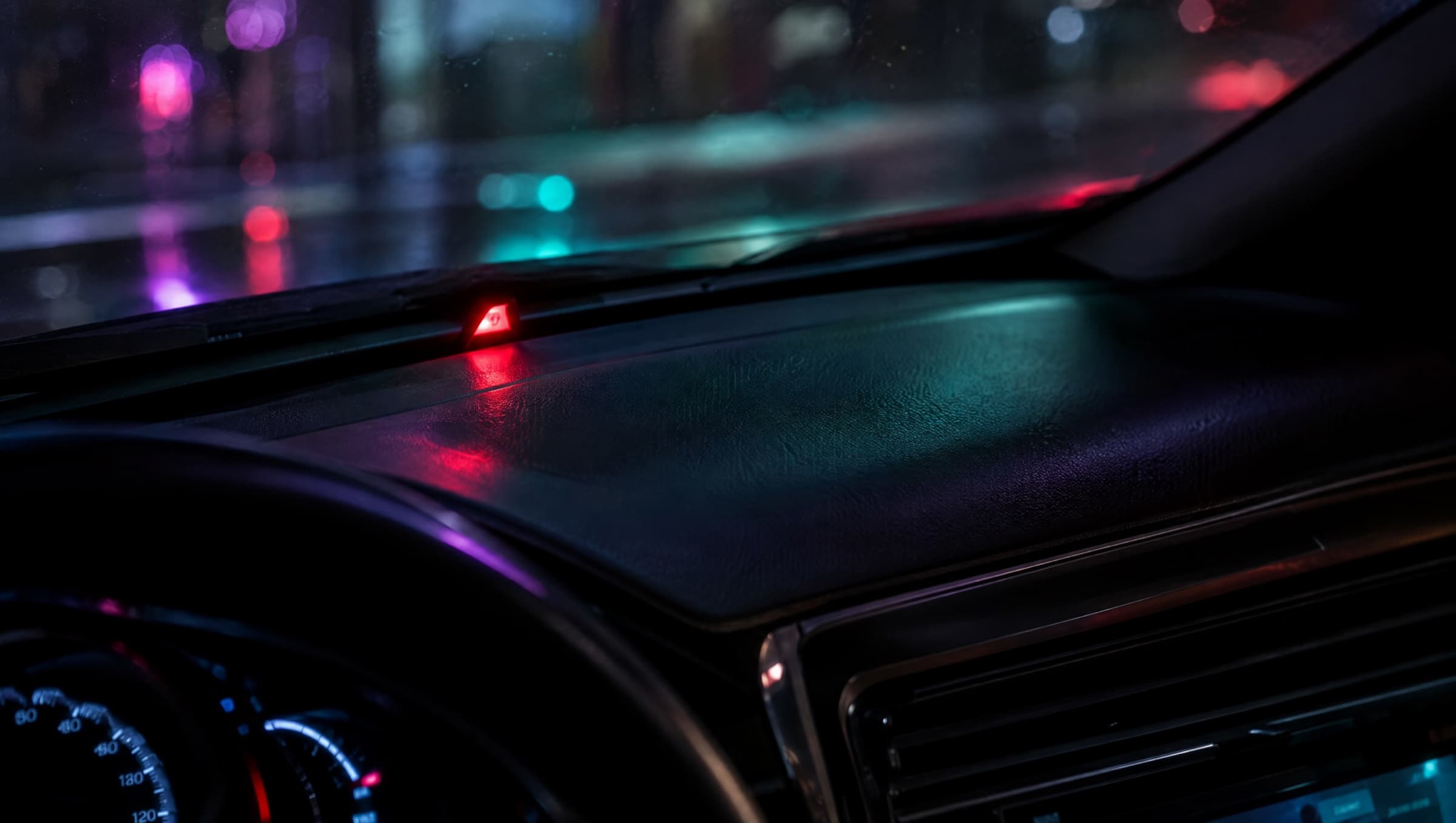 Rood knipperend alarmlampje op het dashboard van een auto in het donker