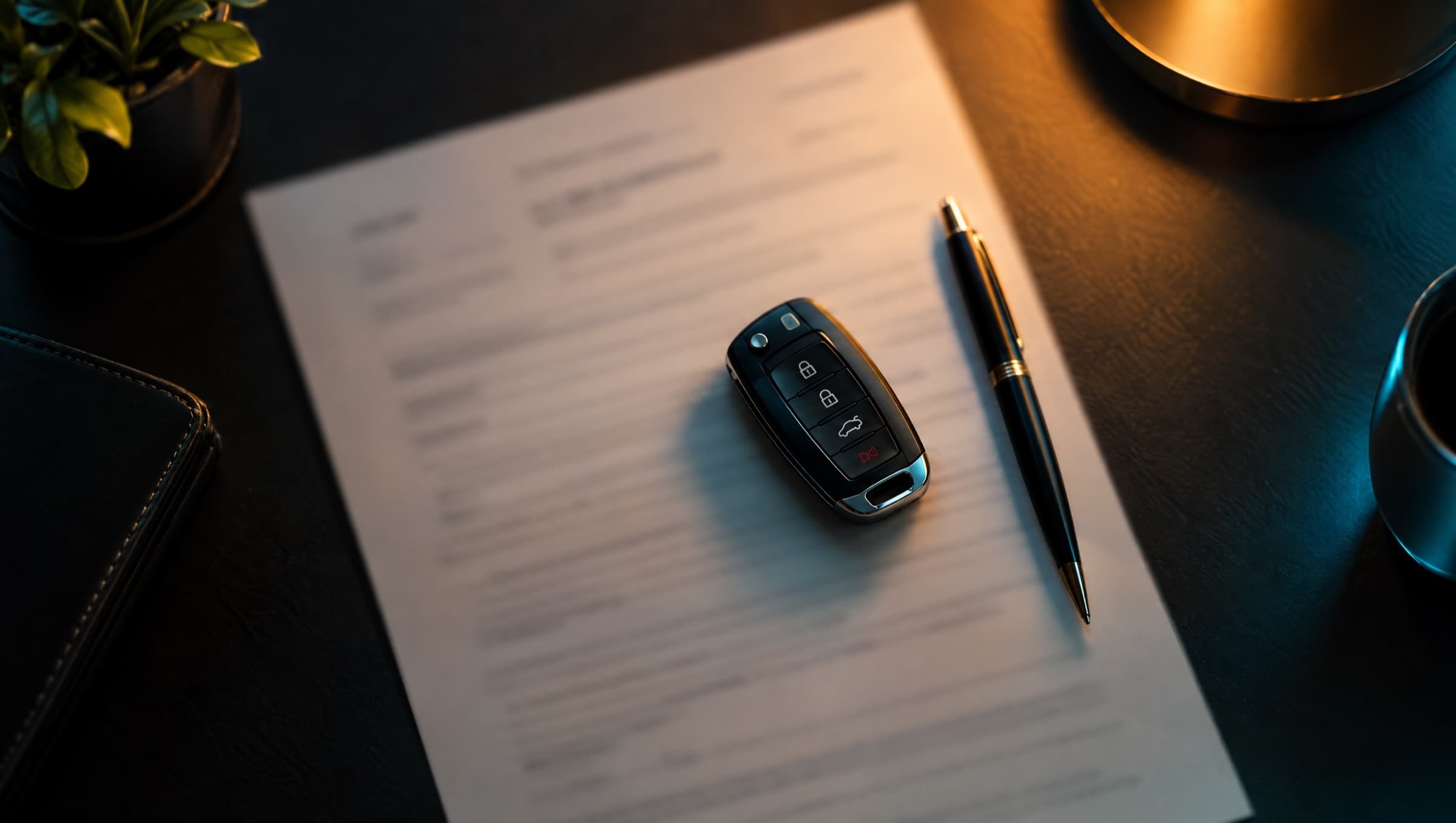 Autoverzekeringspolis met een pen en autosleutel op een bureau